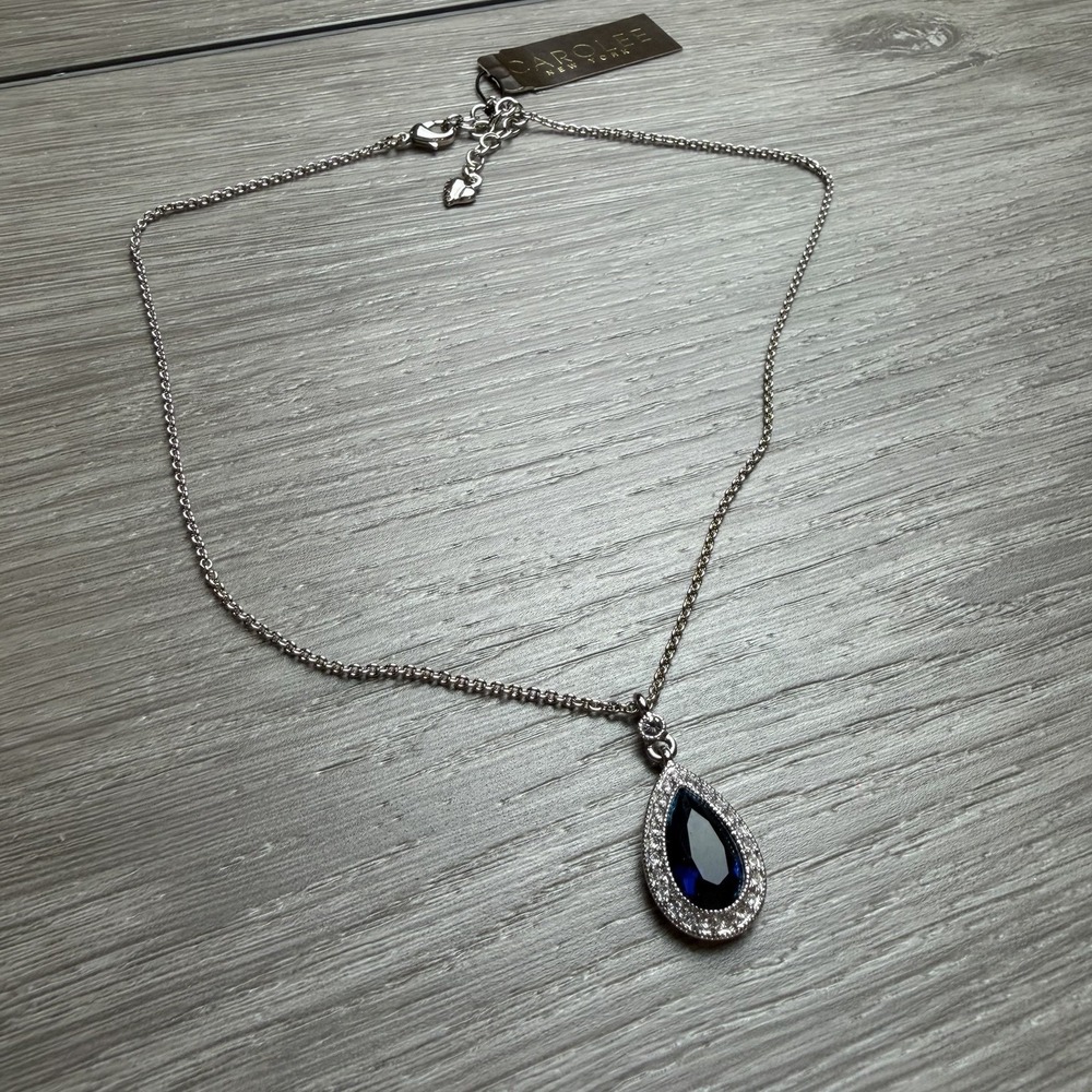 Carolee New York Simulated Blue Sapphire Crystal Halo Teardrop Necklace New